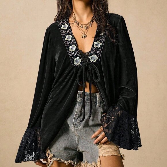 Jackets & Blazers - Black Boho Women's Nomadic V-Neck Tie-Up Blouse
